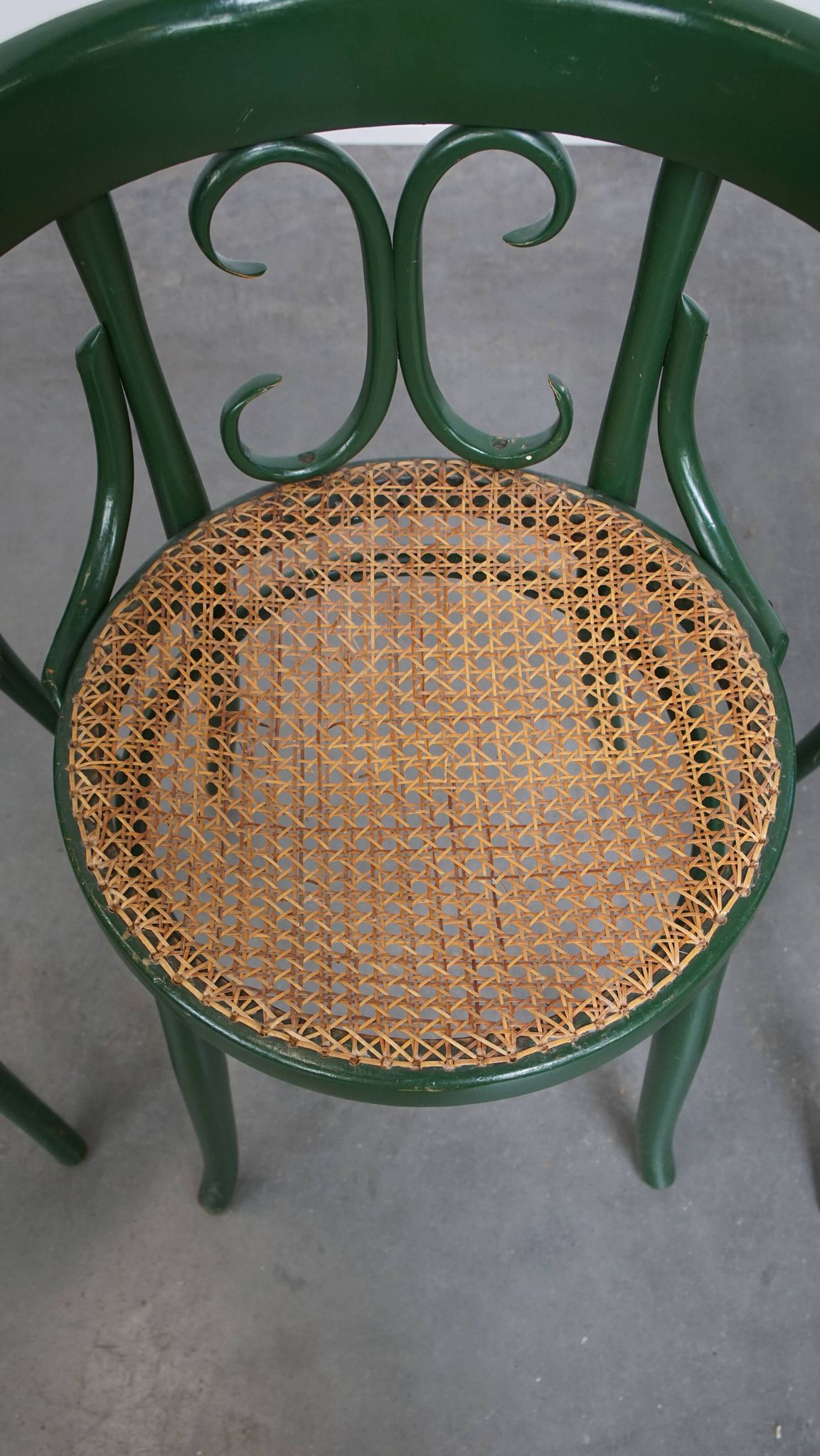 Set of 4 Green Vintage Bistro Chairs with Woven Rattan Seats