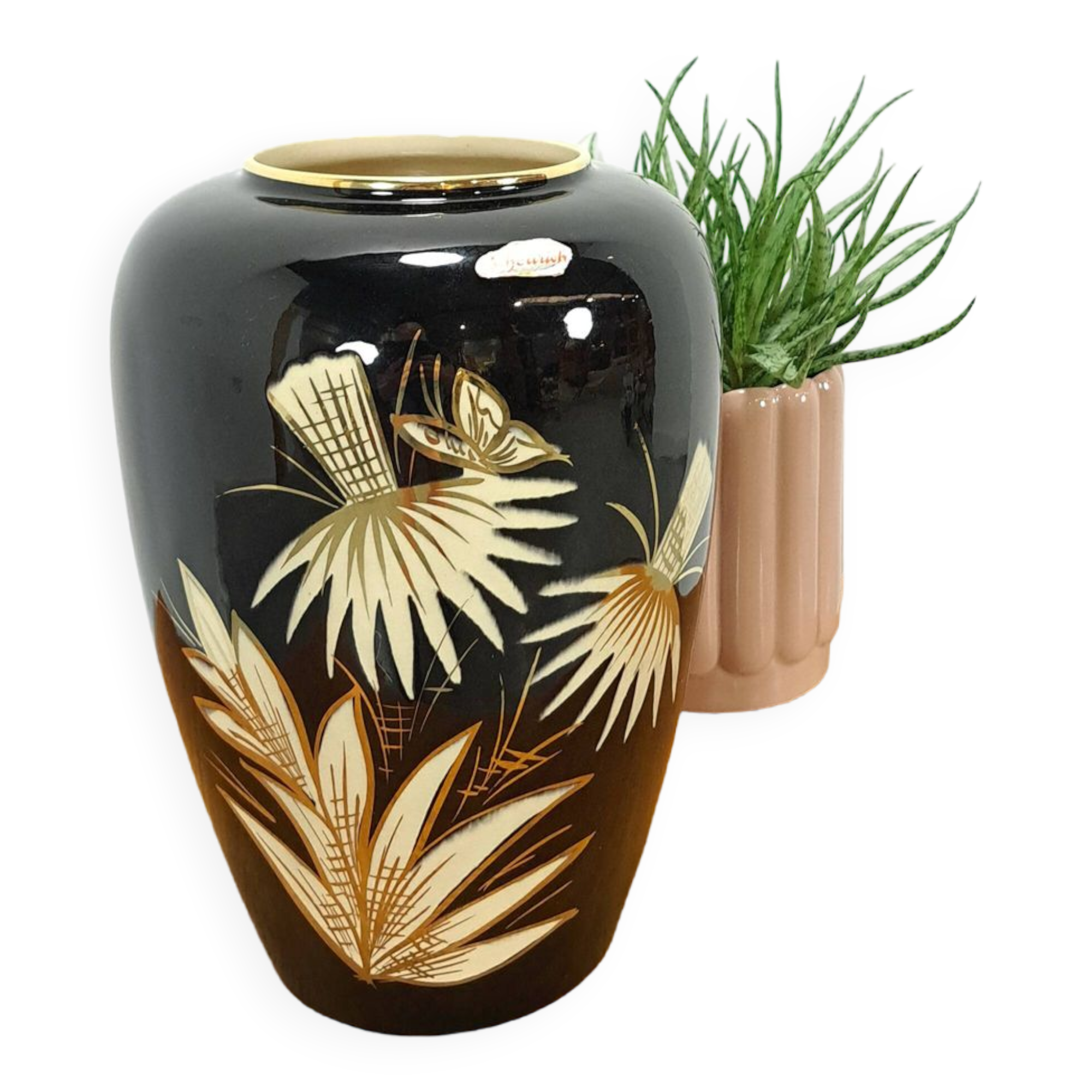 Porseleinen  vintage zwarte vaas Foreign, Scheurich, met gouden details en graan