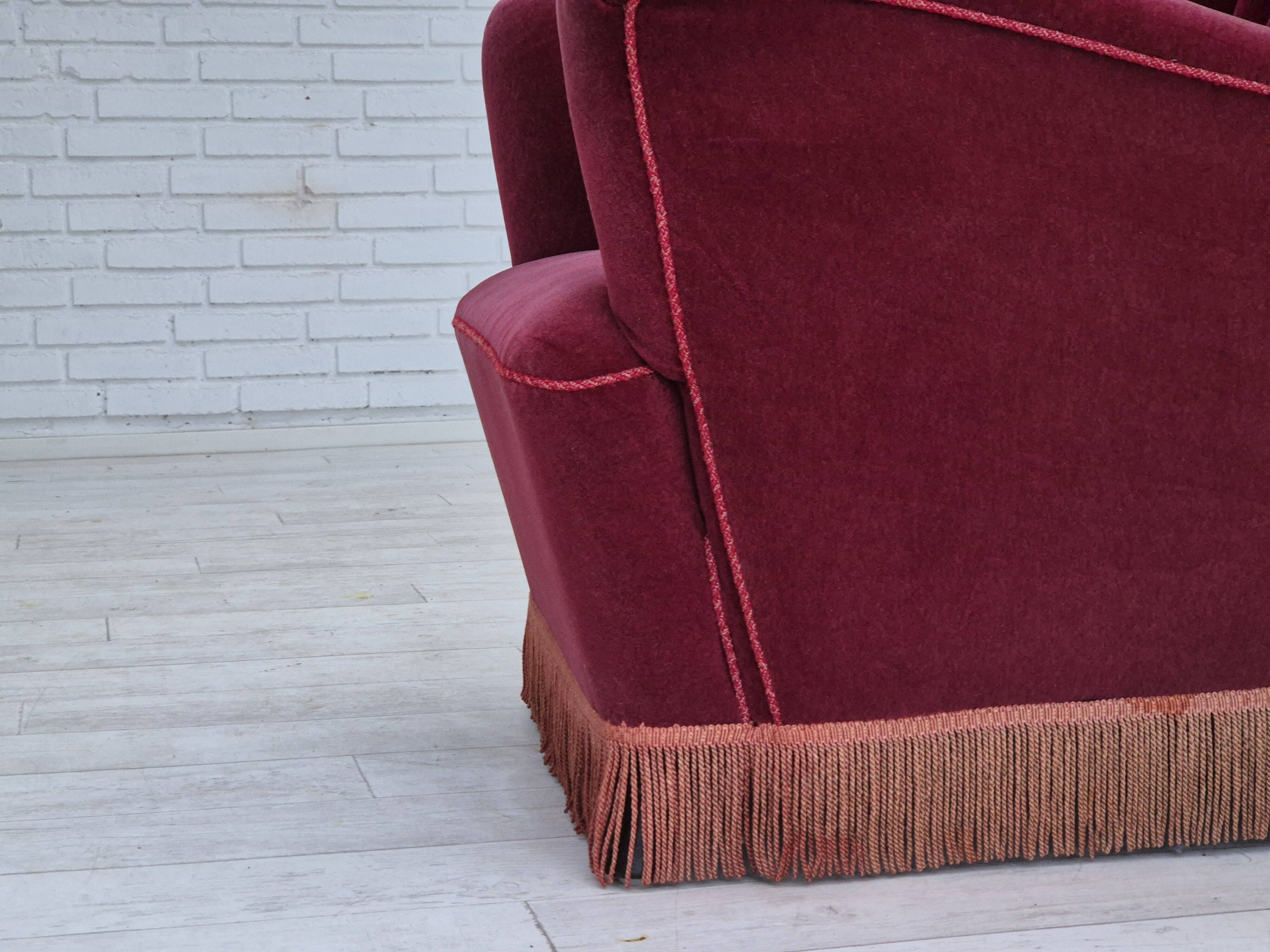 1960s, Danish armchair, original condition, cherry-red furniture velour.