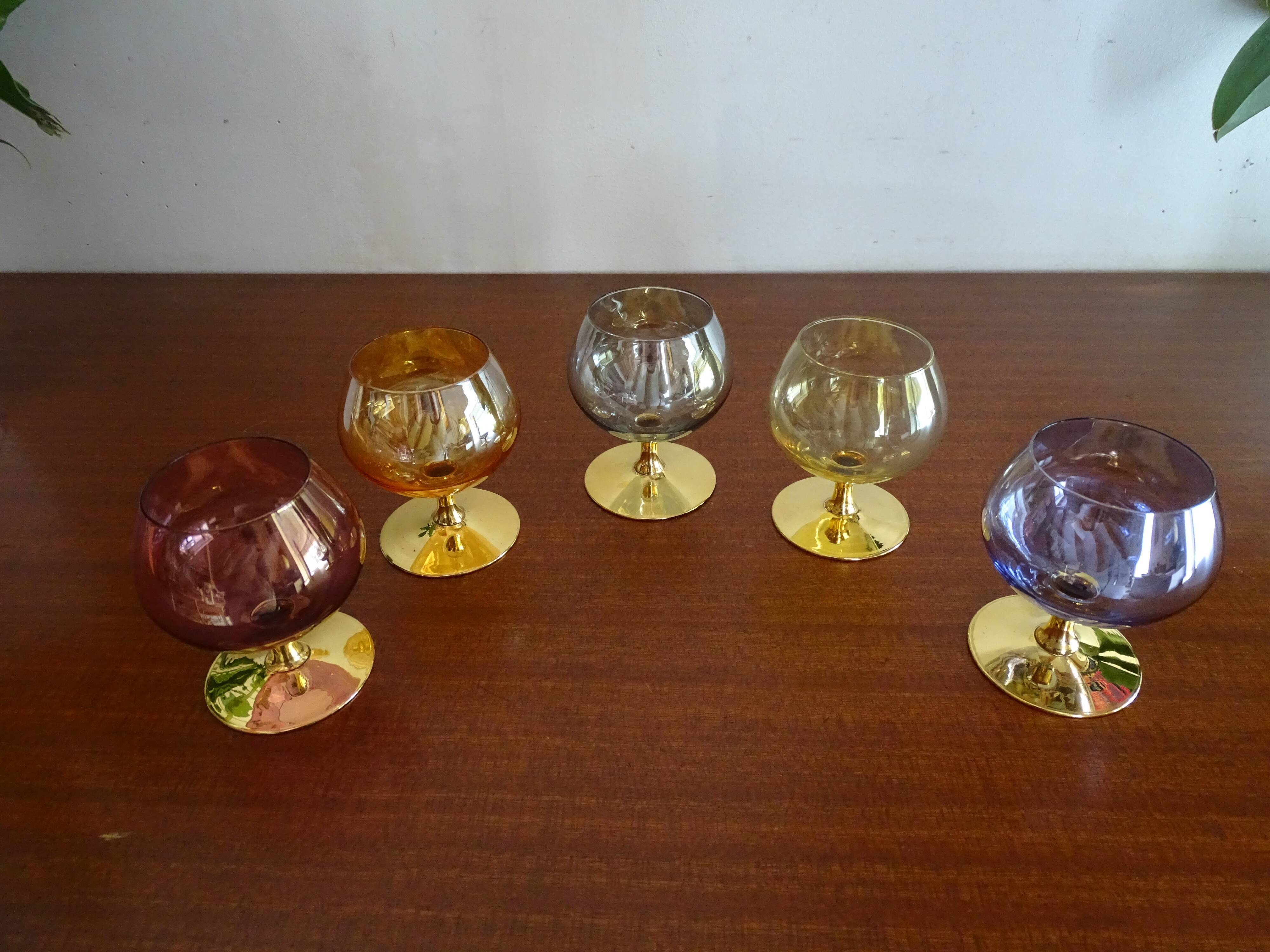 5 vintage coloured cognac glasses