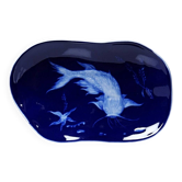 Vide-poche porcelaine émaillée bleu de four Limoges décor poisson japonisant