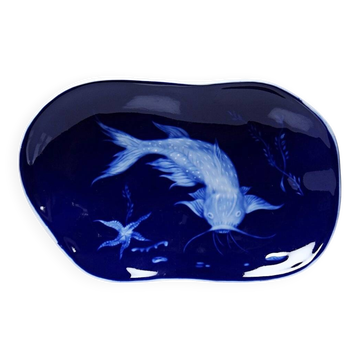 Blue enamelled porcelain vide-poche from Limoges with a Japonese fish design.