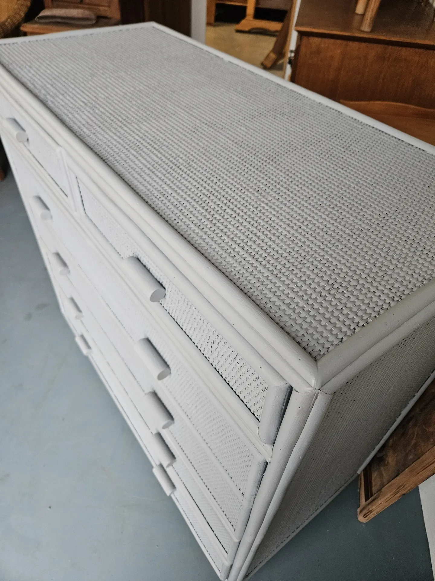Vintage grey wood and rattan chest of drawers