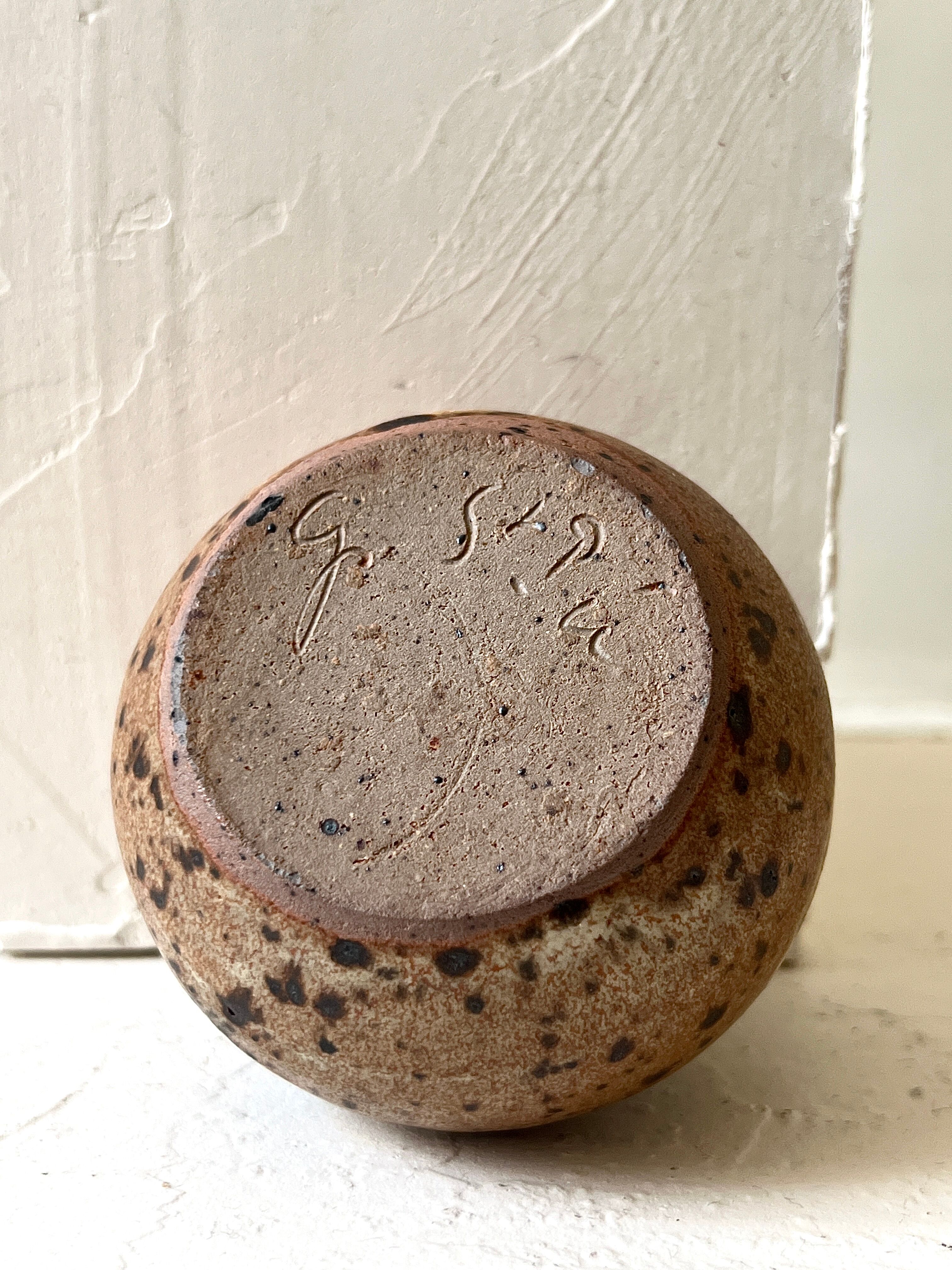 Pyrite stone flower holder signed – brutalist handmade ceramic 1970