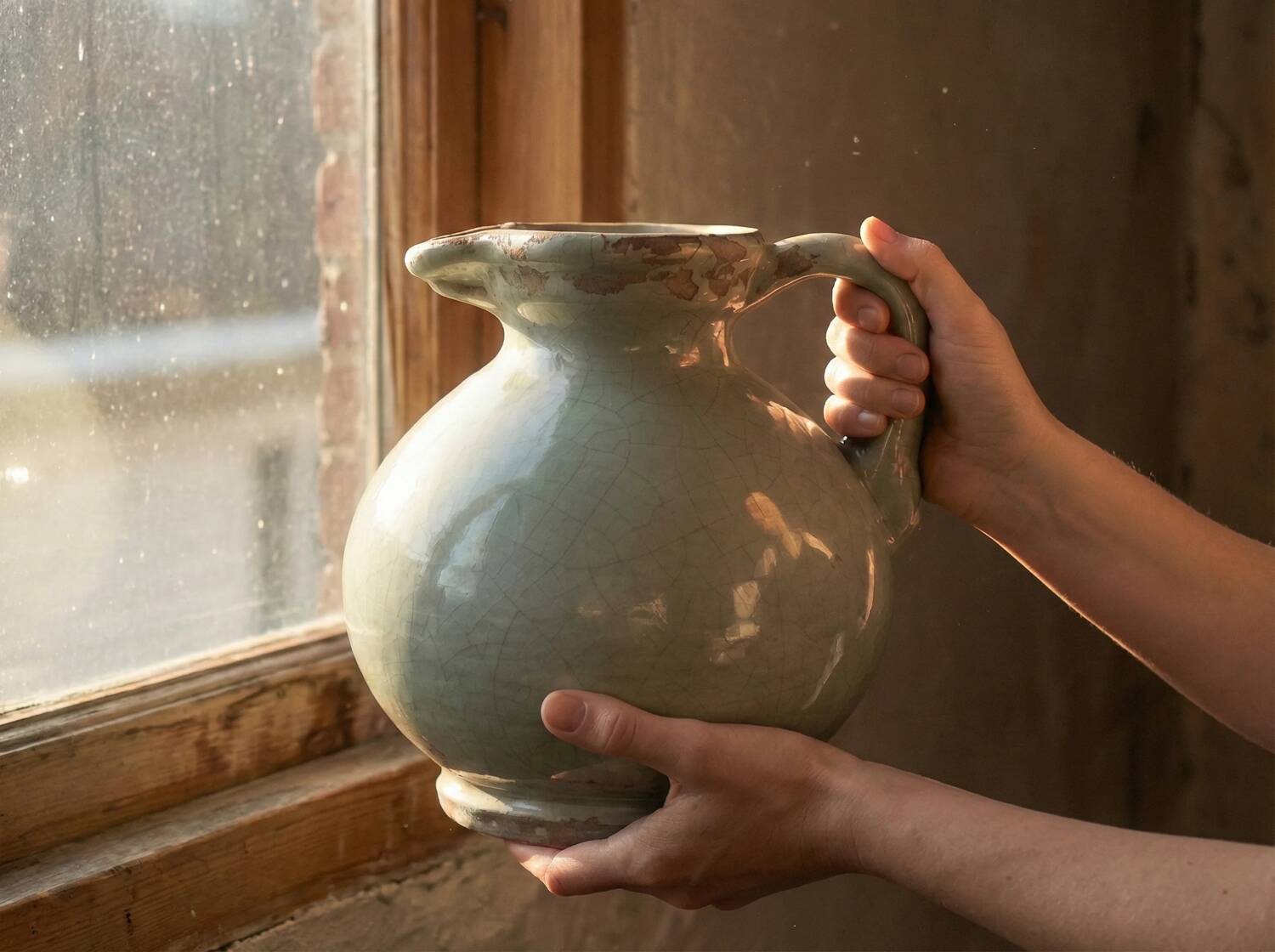 Large Antique Pottery Seljuk Style - Cracked Celadon Glaze - Art