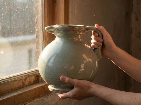 Grande Poterie Antique Style Seljoukide - Émail Céladon Craquelé - Art