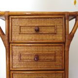 Semainier 6 tiroirs en bois, bambou et rotin tressé, années 60