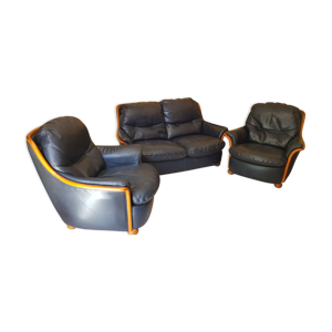 Salon en cuir et bois, buffle bleu
