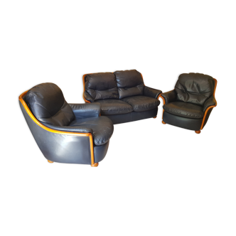 Leather and wood lounge navy blue buffalo and cherry colour, 1990