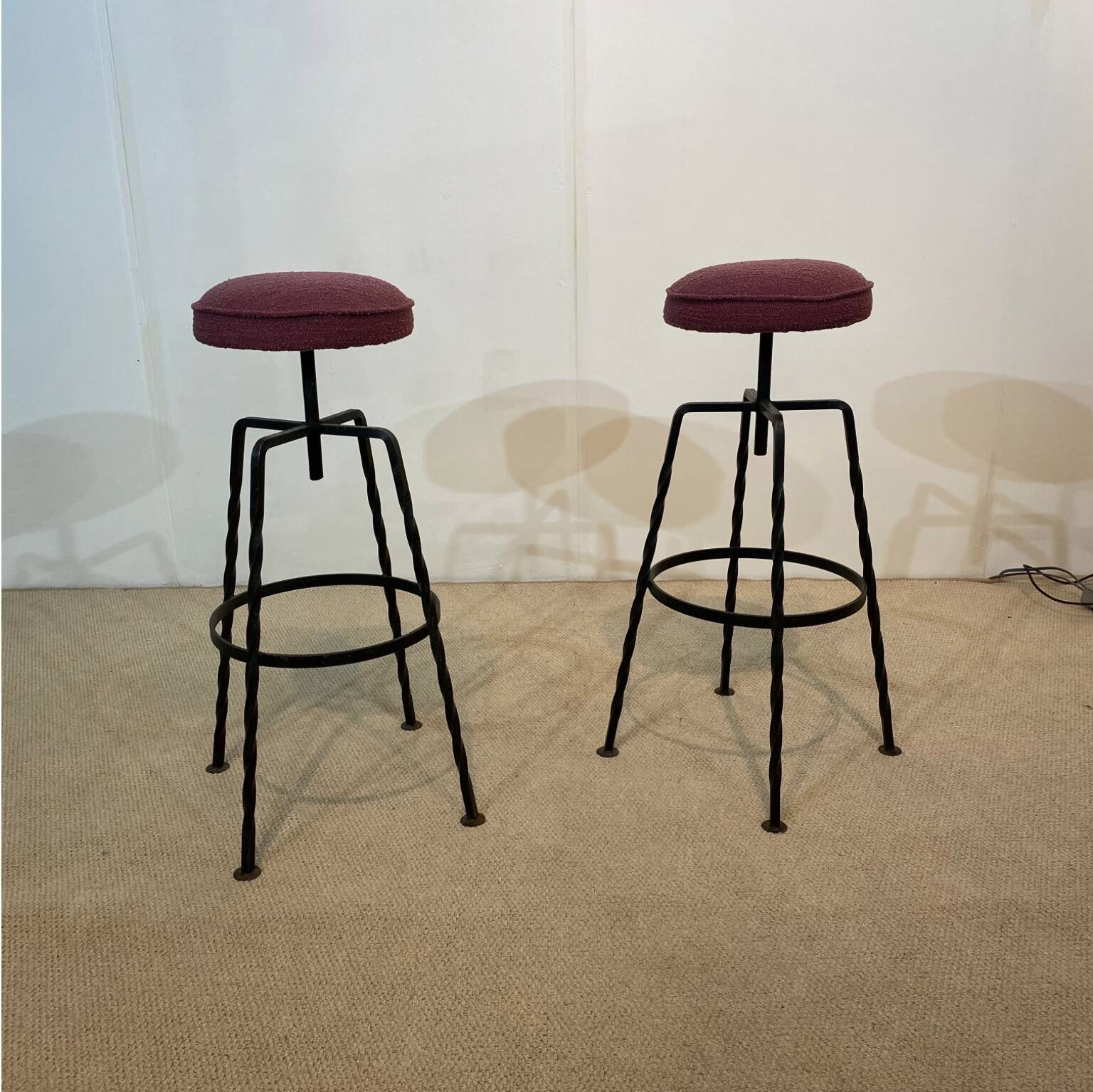 Pair Maroon Boucle Iron Swivel Bar Stools Midcentury Italian Vintage 1950s