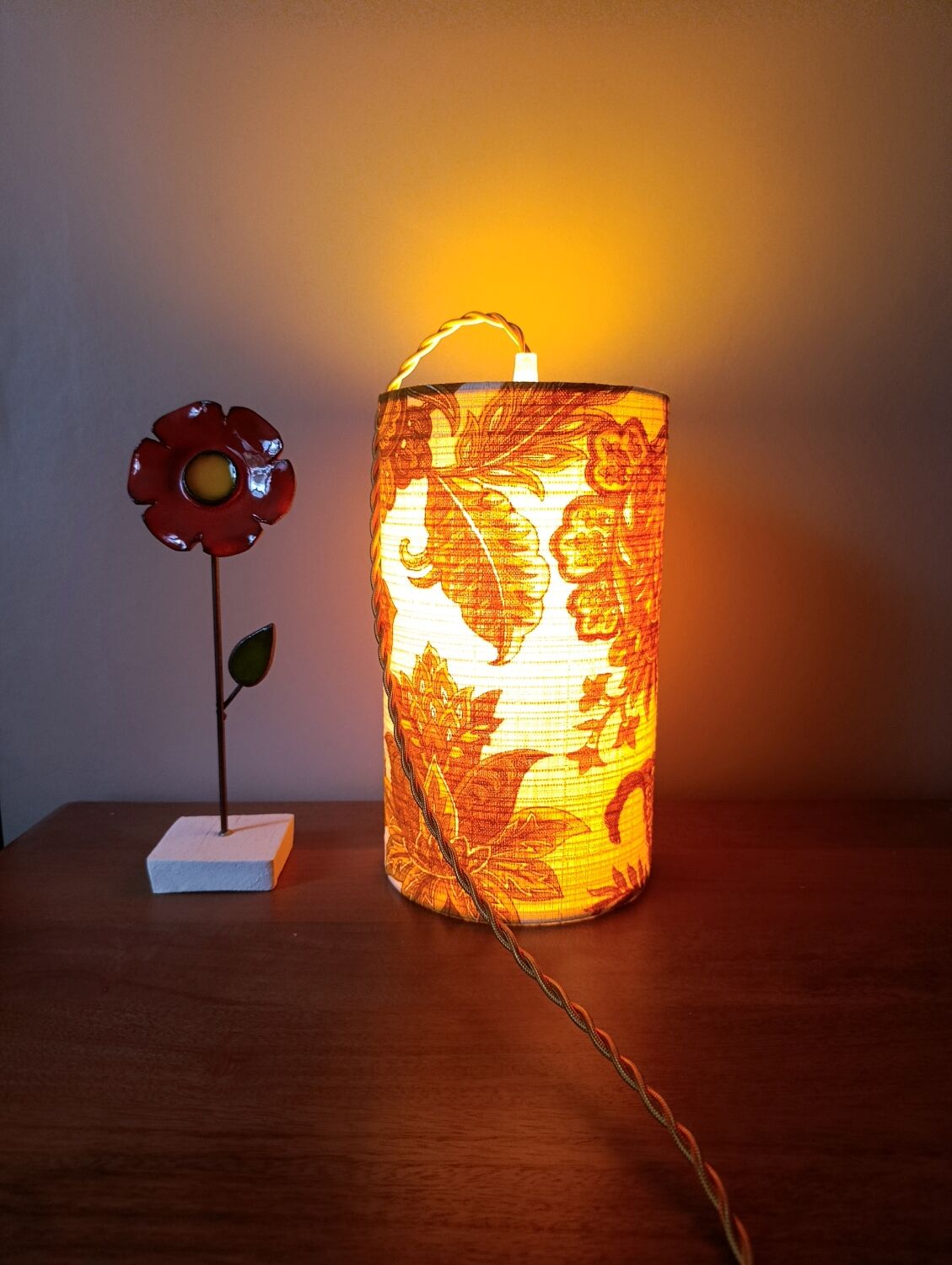 Suspension, nomadic fabric lampshade in vintage yellow floral.