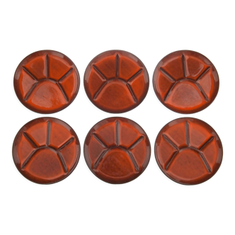 6 vintage orange stoneware ceramic fondue plates 1970