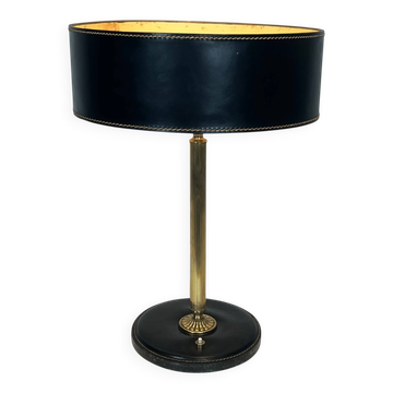 Black Quilted Leather Table Lamp and Golden Brass. French Craftsmanship.