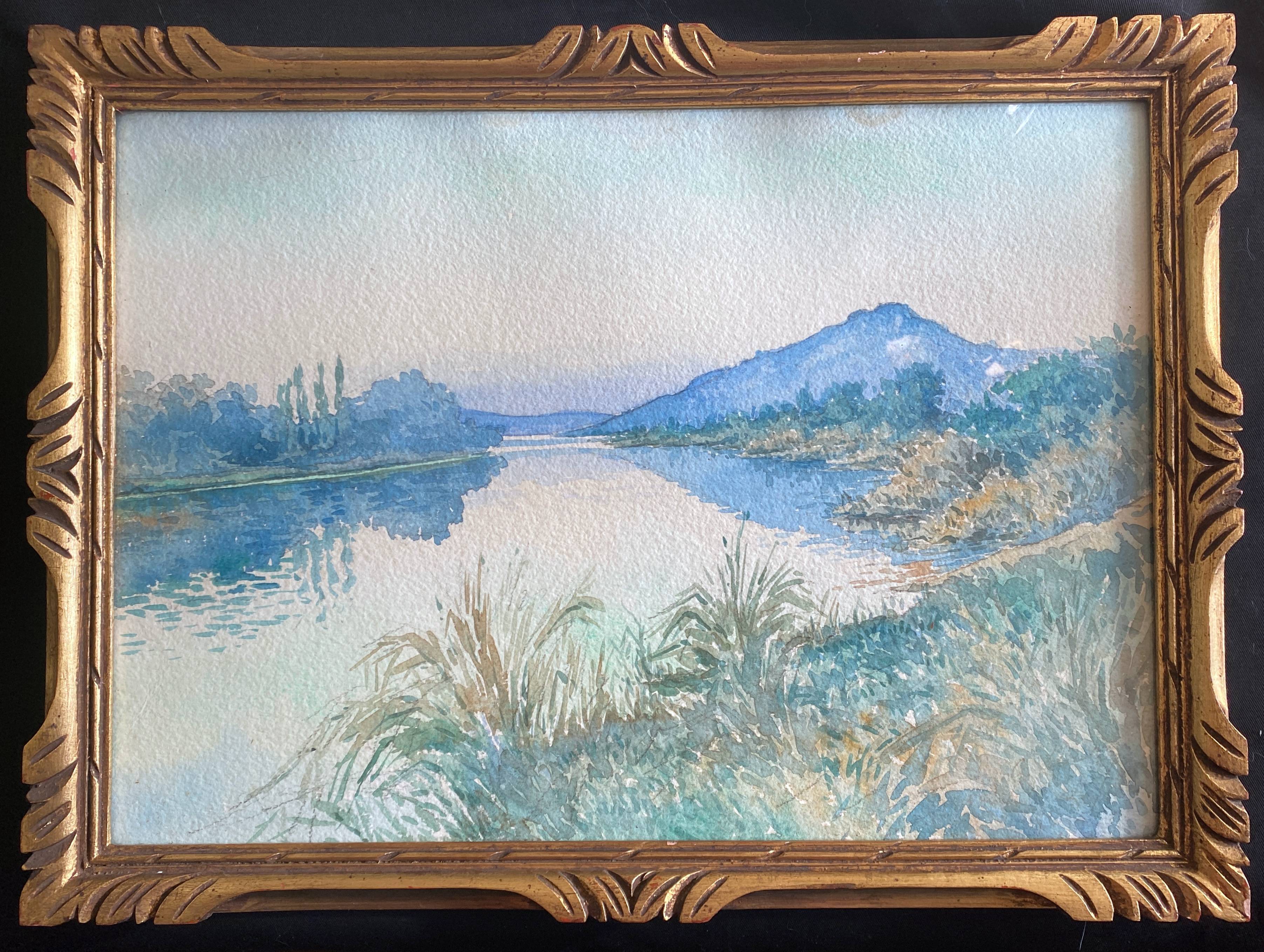 Watercolor Painting "Landscape at the River" circa 1920 + frame