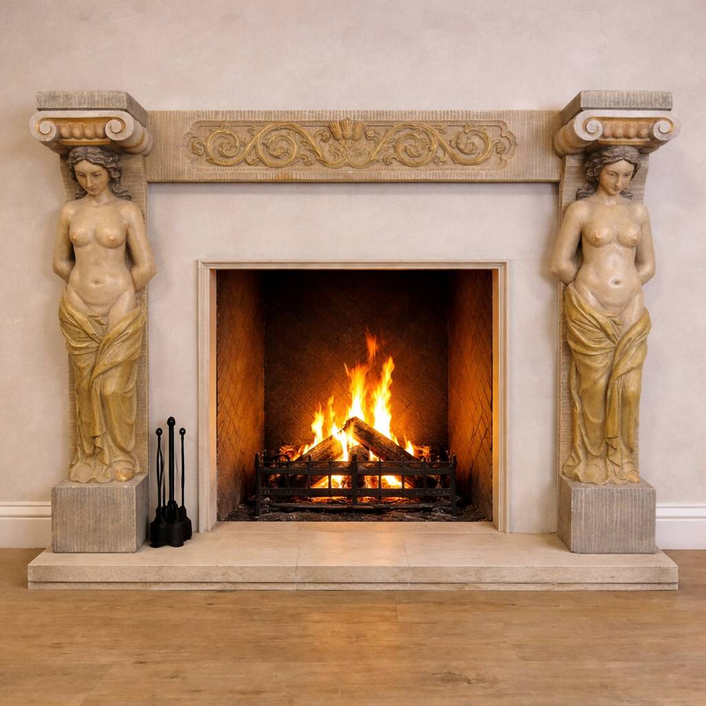 Neoclassical plaster fireplace with caryatids (nude women)