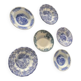 Set of 6 mismatched soup plates in blue earthenware, vintage