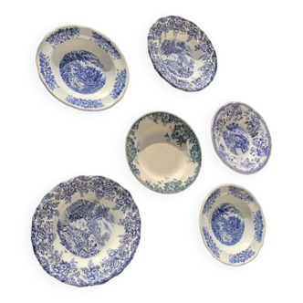 Set of 6 mismatched soup plates in blue earthenware, vintage