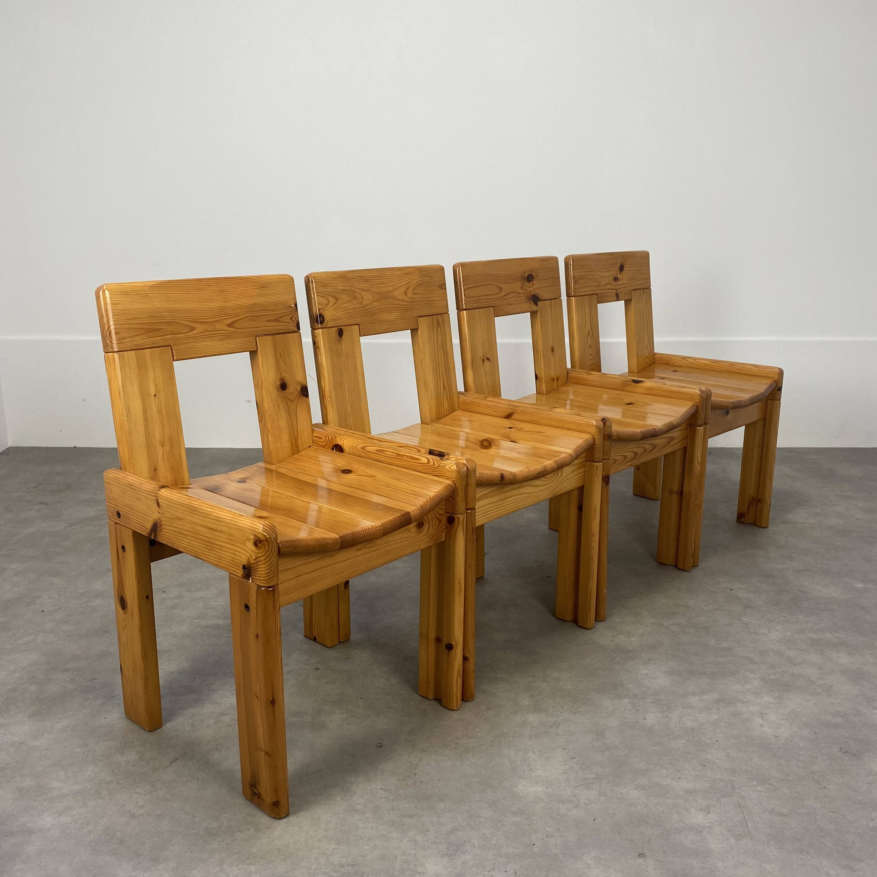 4 brutalist chairs by Silvio Coppola for Roche Bobois, solid pine
