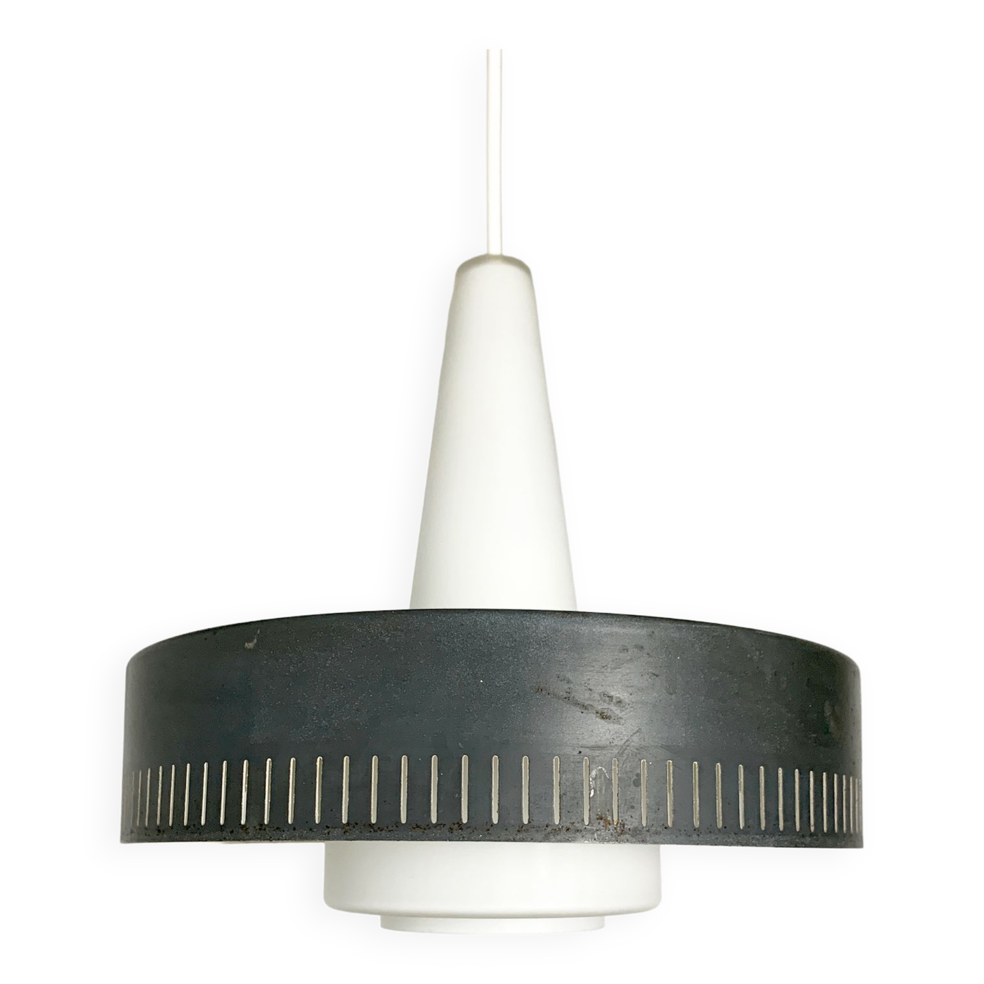 Modernist pendant lamp opal glass and grey metal Bent Karlby for Lyfa, Denmark, 1950-60