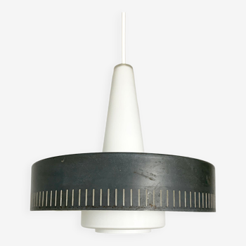 Modernist pendant lamp opal glass and grey metal Bent Karlby for Lyfa, Denmark, 1950-60