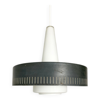 Modernist pendant lamp opal glass and grey metal Bent Karlby for Lyfa, Denmark, 1950-60