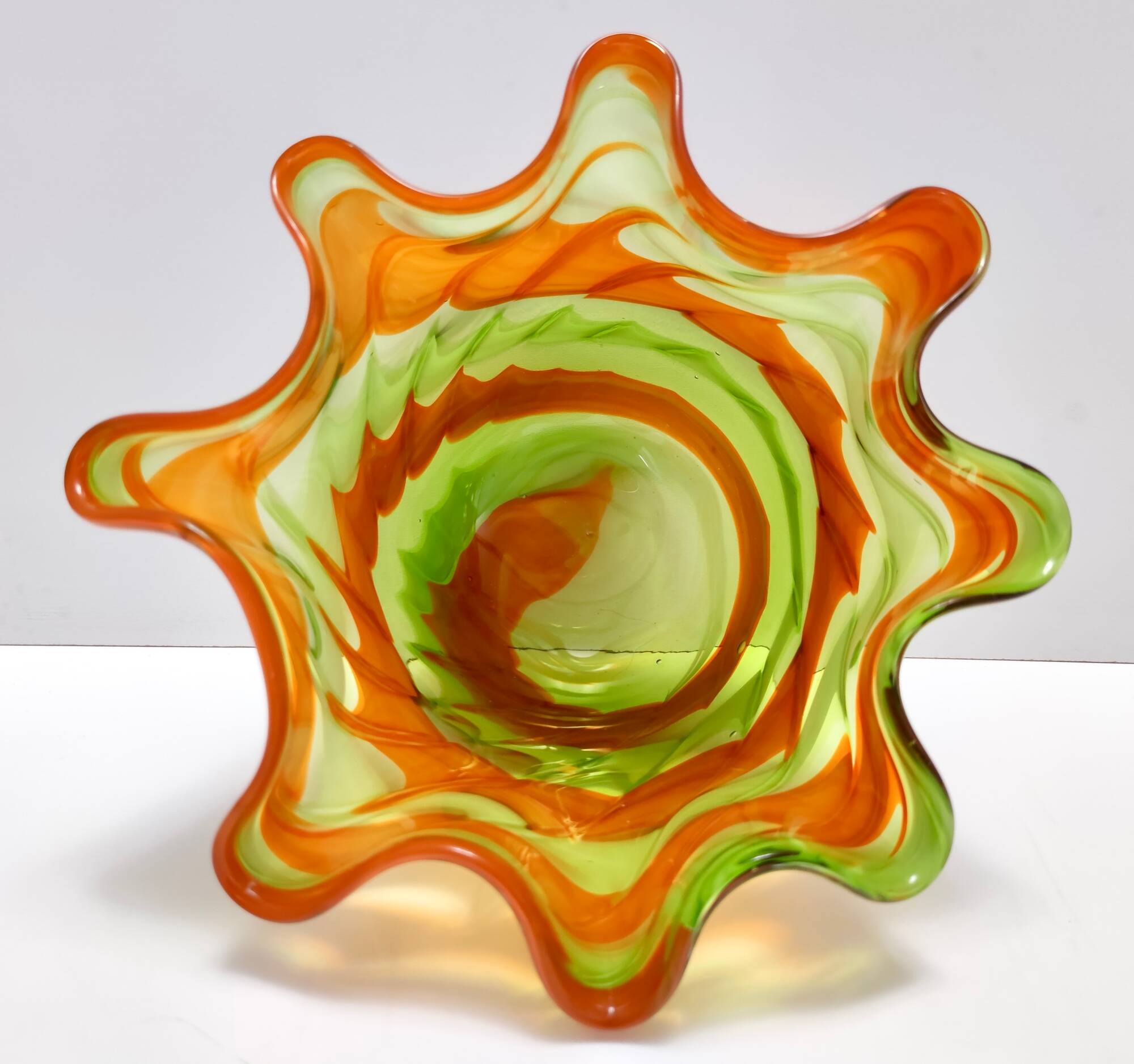 Postmodern Green and Orange Murano Glass Fazzoletto Vase by Fratelli Toso, Italy