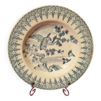 Gien earthenware ceramic soup plate with blue eagle decoration