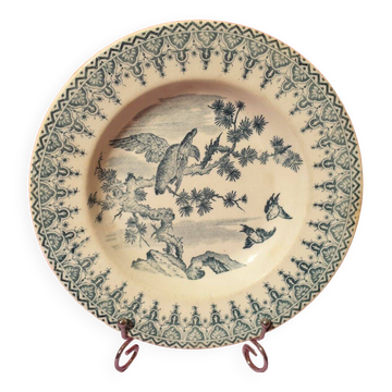 Gien earthenware ceramic soup plate with blue eagle decoration