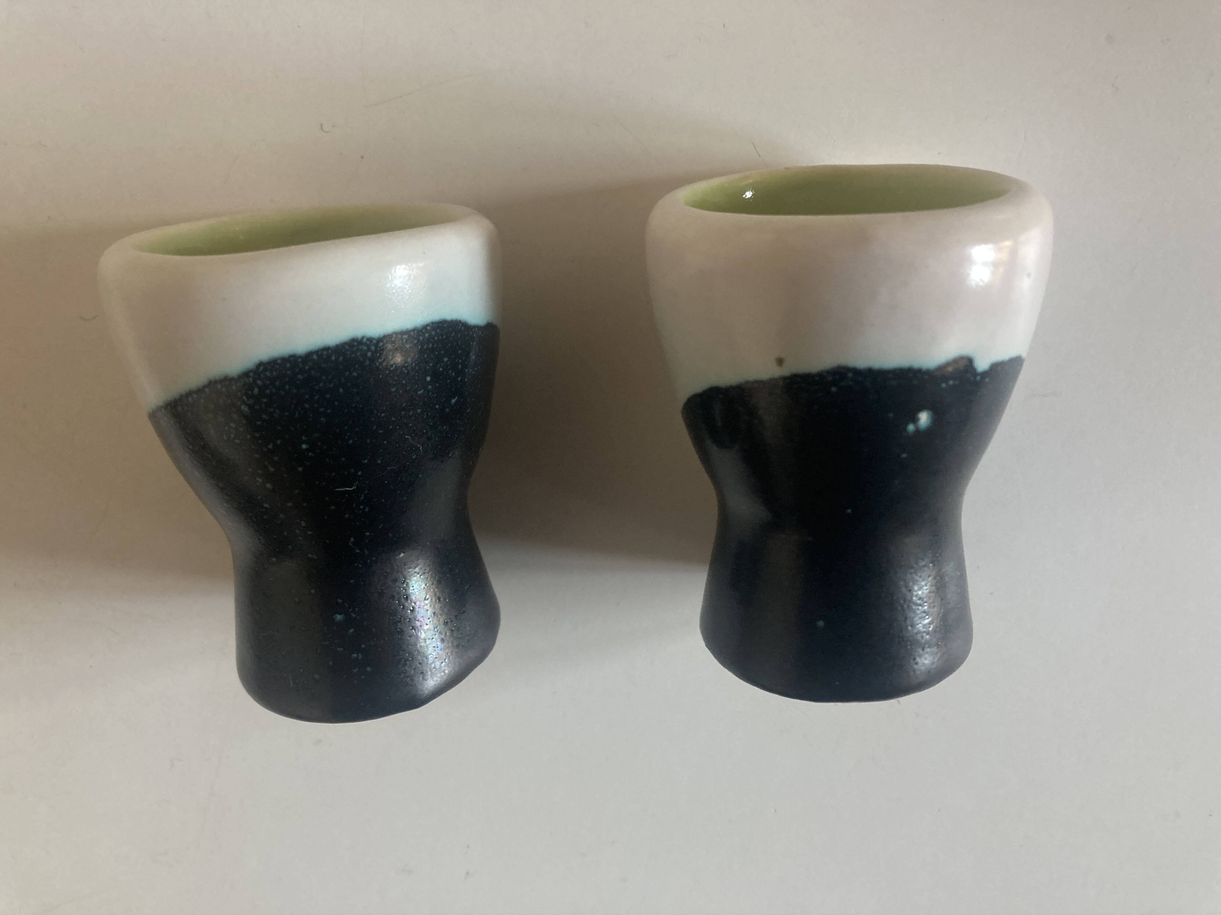 pair of green lined Vallauris 196O egg cups