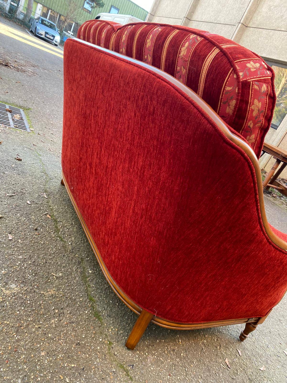 Louis XV 2-seater canapé B. Marly France 1950 solid wood burgundy velvet