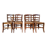 Suite de 8 chaises rustiques style Louis XV en bois fruitier et assises paillées