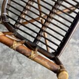 Rare McGuire 1970s dark brown rattan armchairs — set of 6, bamboo bindings, mid-century boho