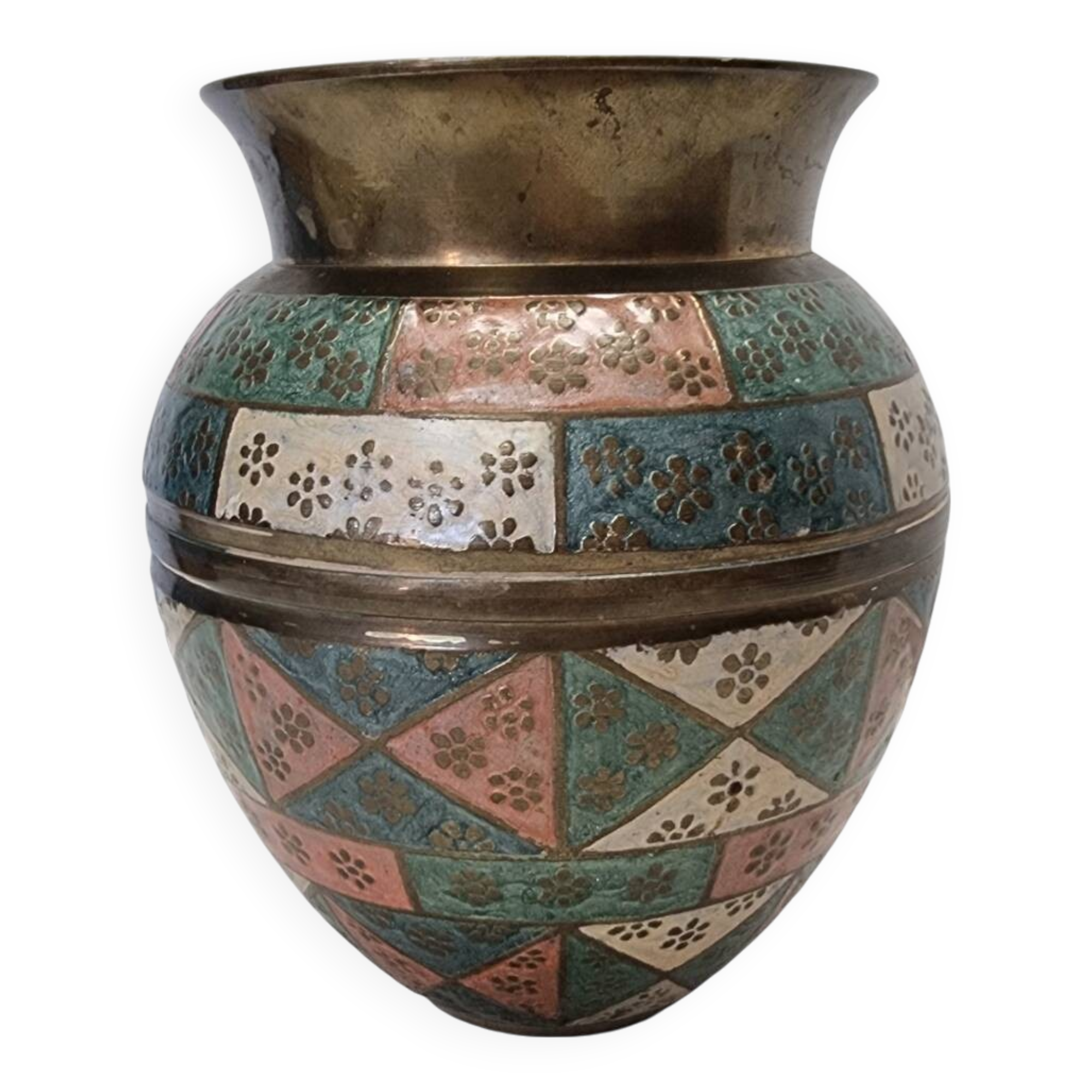 Painted Brass Vase From India, 1970s