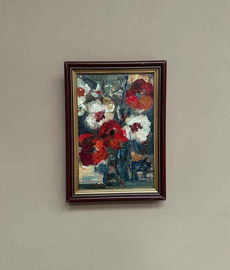 Swedish Oil on Canvas“Red Poppies and White Blossoms” by L. Stokes, Vintage