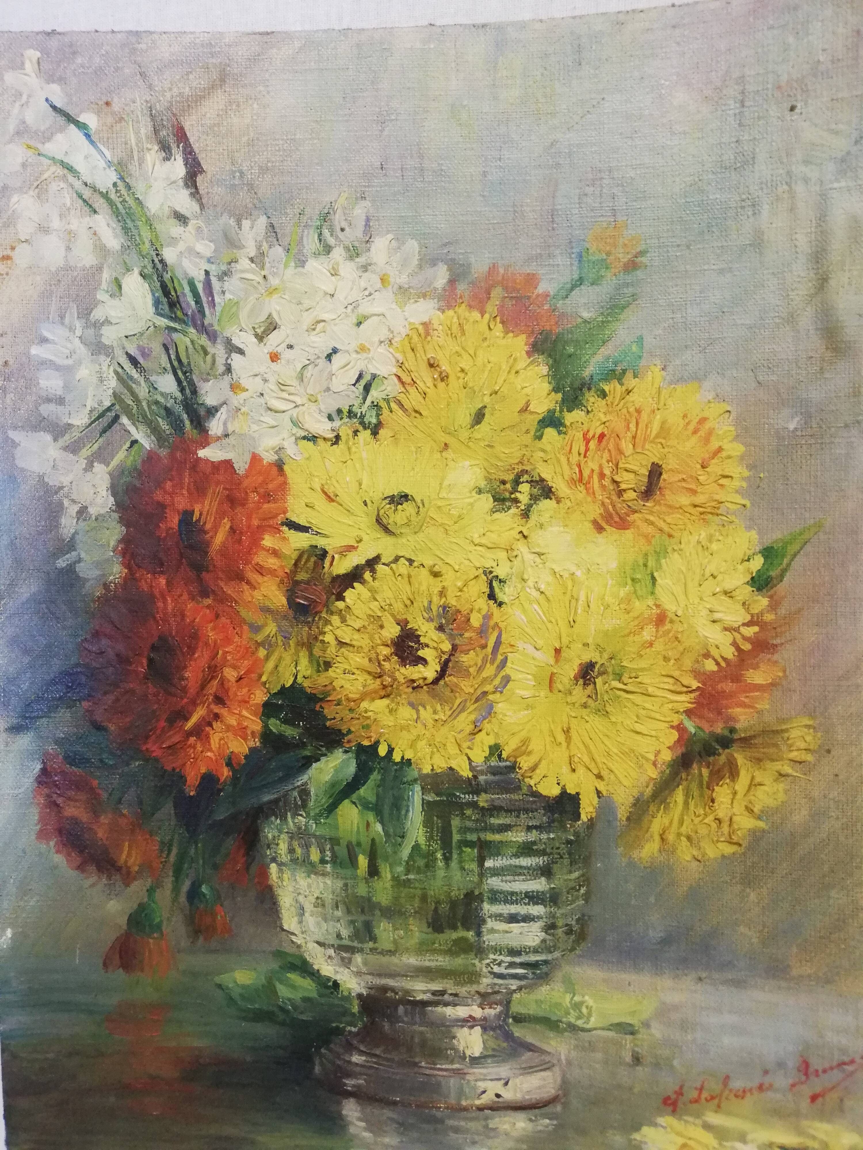 Oil on cardboard bouquet of flowers