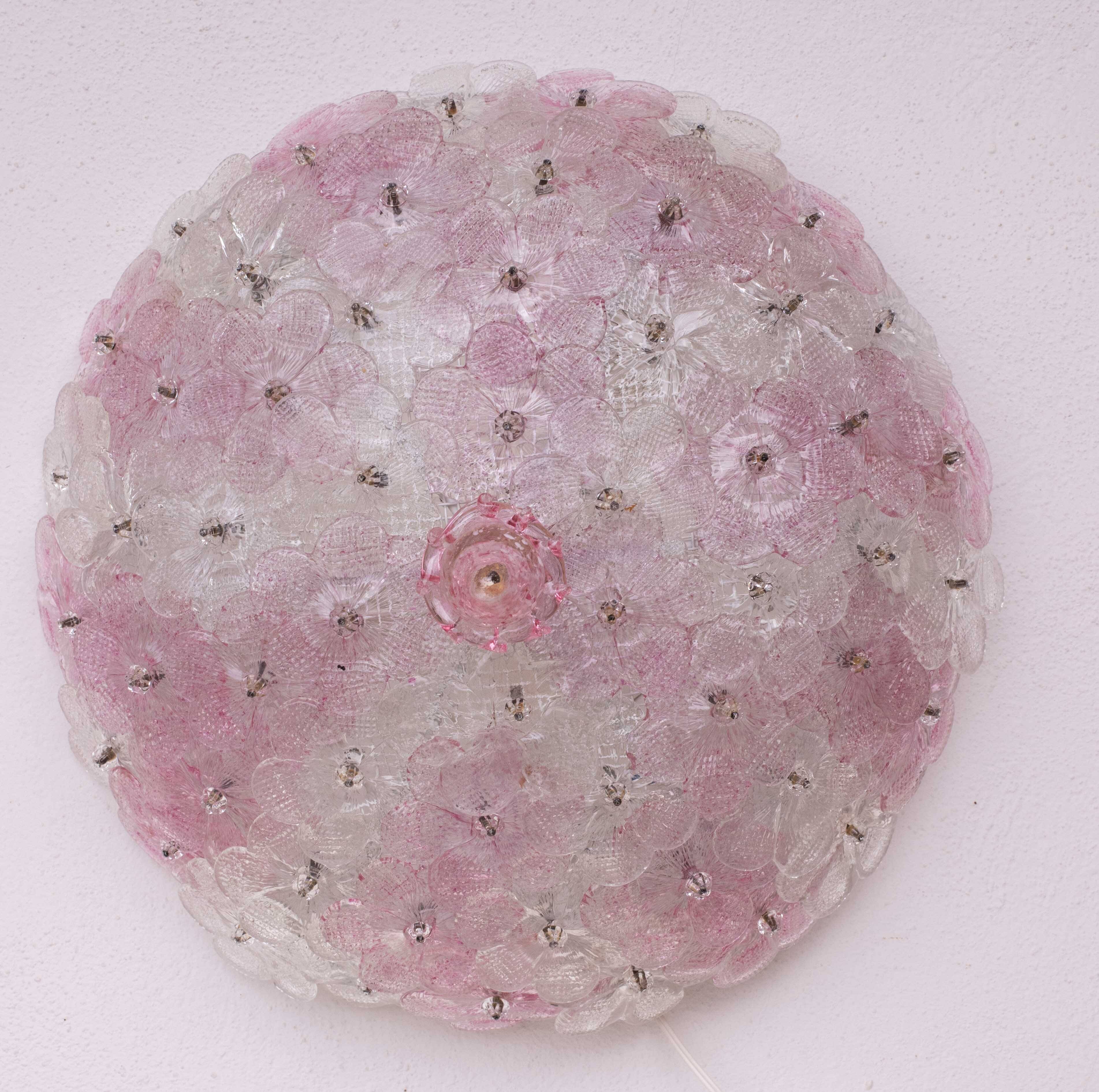 Charming Murano Ceiling Light Pink Flower by Seguso for Venini, Italy, 1970