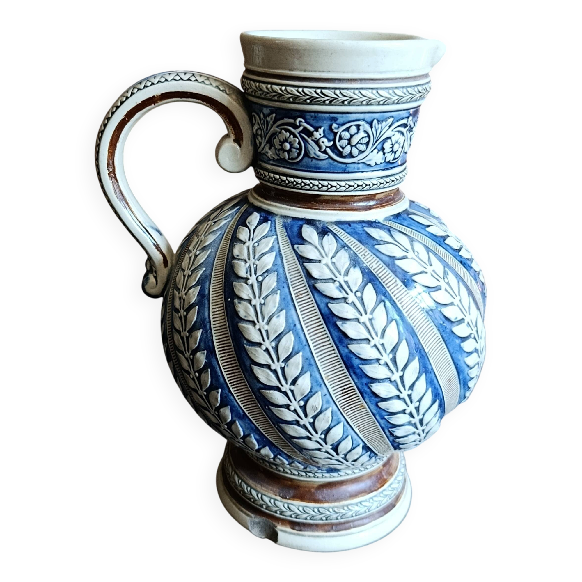 Vintage German Westerwald stoneware jug with cobalt blue floral relief