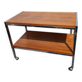 Table / Serving trolley on wheels in chrome and walnut veneered wood