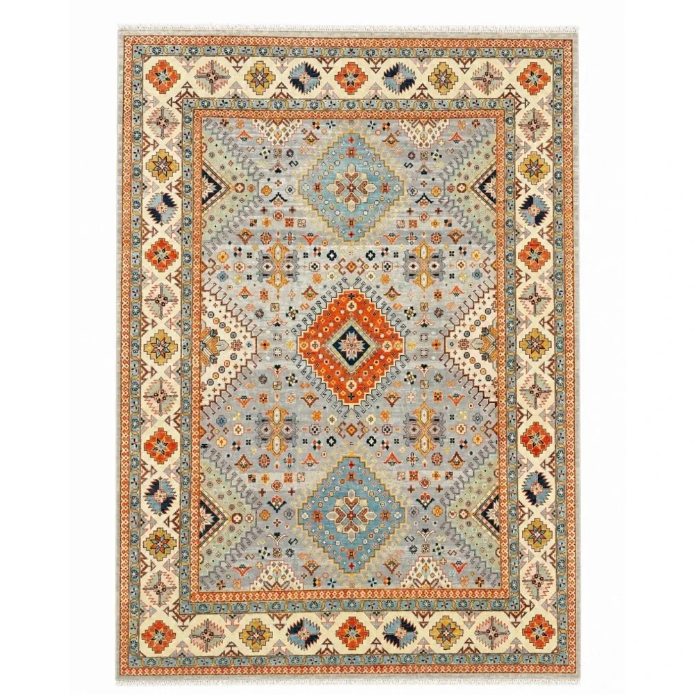 Modern Hand-Knotted Wool Area Rug for Living Room, Blue Geometric Medallion Design Carpet