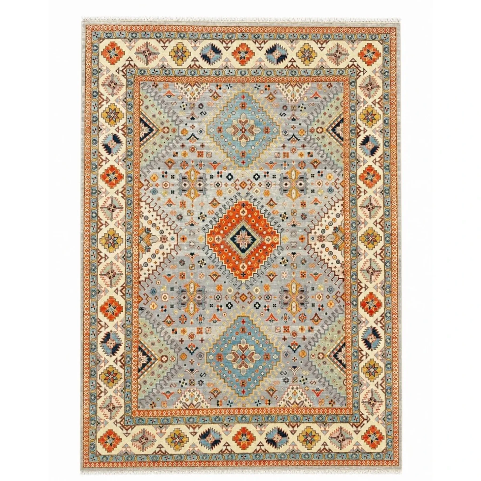 Modern Hand-Knotted Wool Area Rug for Living Room, Blue Geometric Medallion Design Carpet
