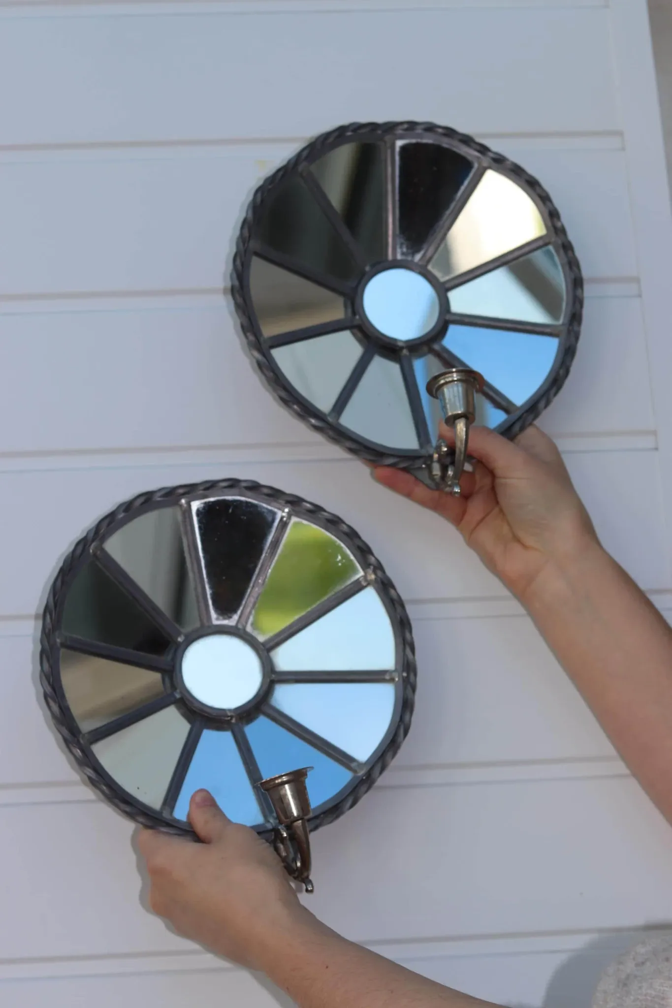 Pair of Vintage Sun Mirror Sconces in Pewter by Klöva Hallar