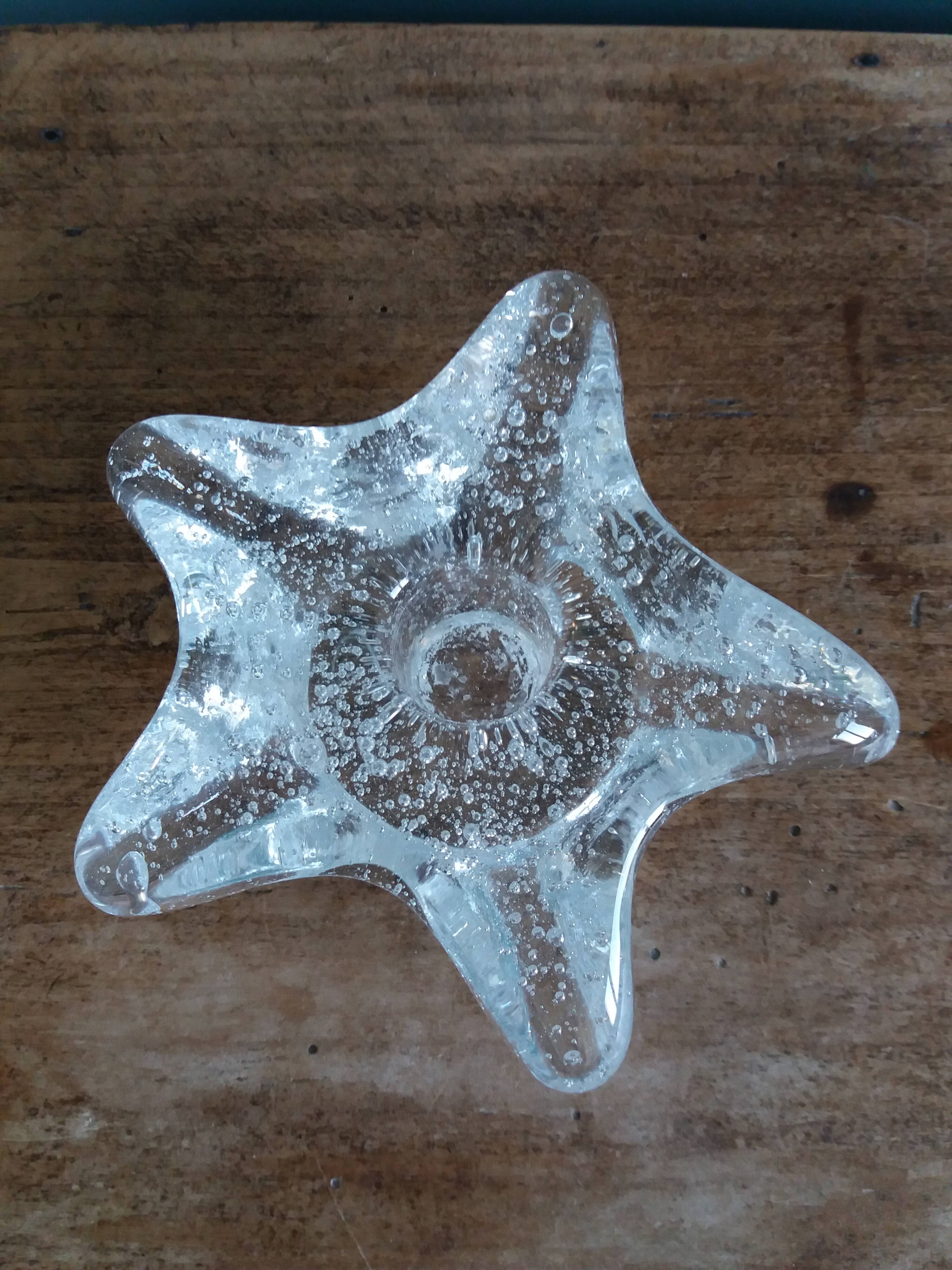 Star candle holder in glass or bubbled crystal, Biot style