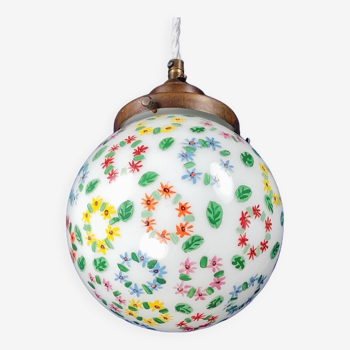 1930s English Art Deco Opaline Globe Pendant Lamp w/ Hand-Painted Flowers