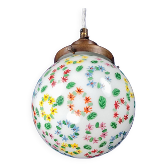 1930s English Art Deco Opaline Globe Pendant Lamp w/ Hand-Painted Flowers
