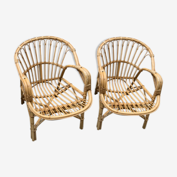 Pair of old rattan low armchairs