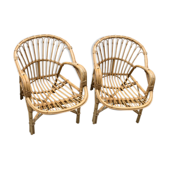Pair of old rattan low armchairs