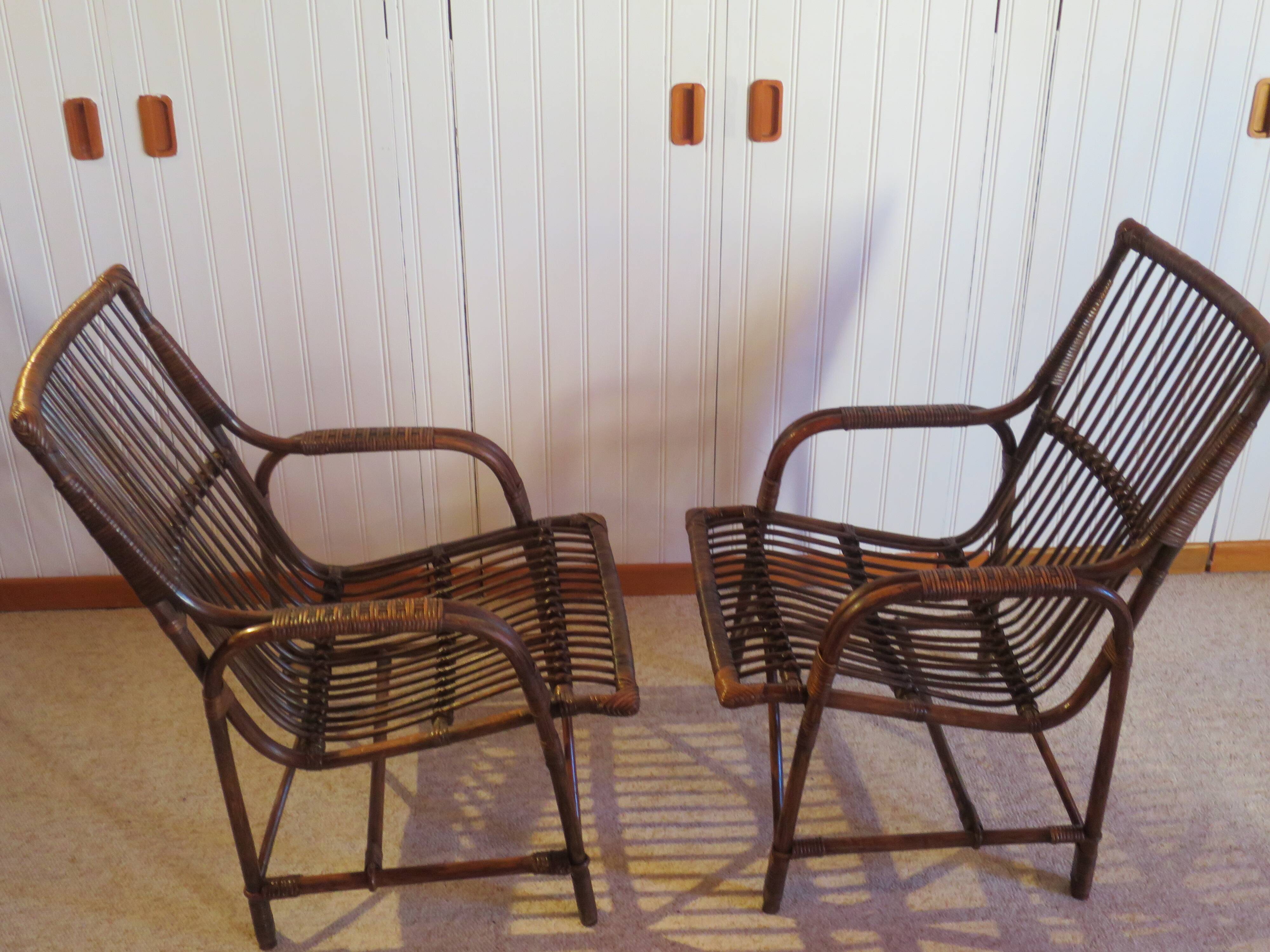 Lot de 2 Fauteuils de jardin en rotin et bambou -Vintage -Années 60 - avec coussins - vernis satin