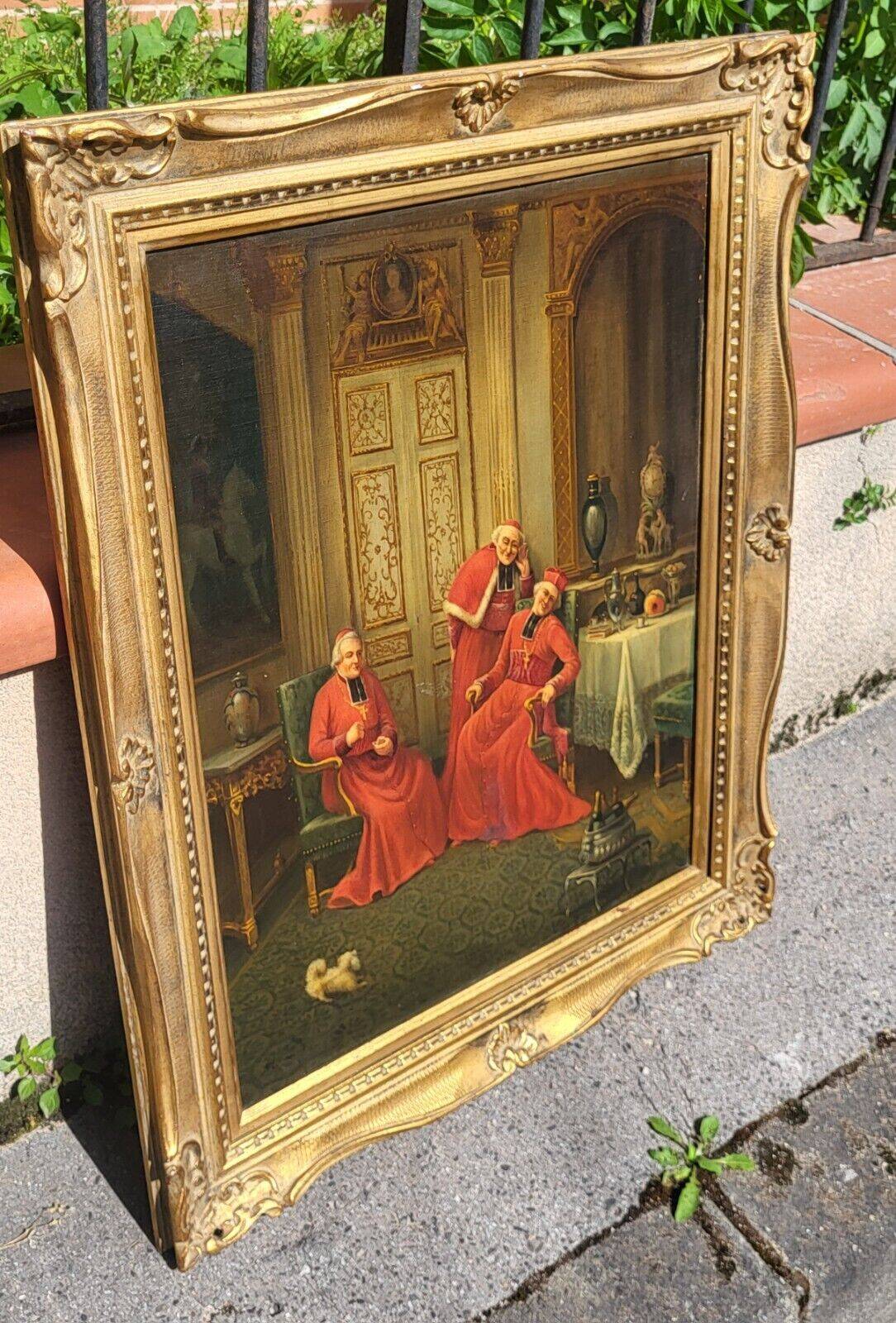 Signed Antique French Oil Painting – Cardinals in Luxurious Setting, 19th C