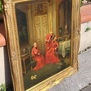 Signed Antique French Oil Painting – Cardinals in Luxurious Setting, 19th C