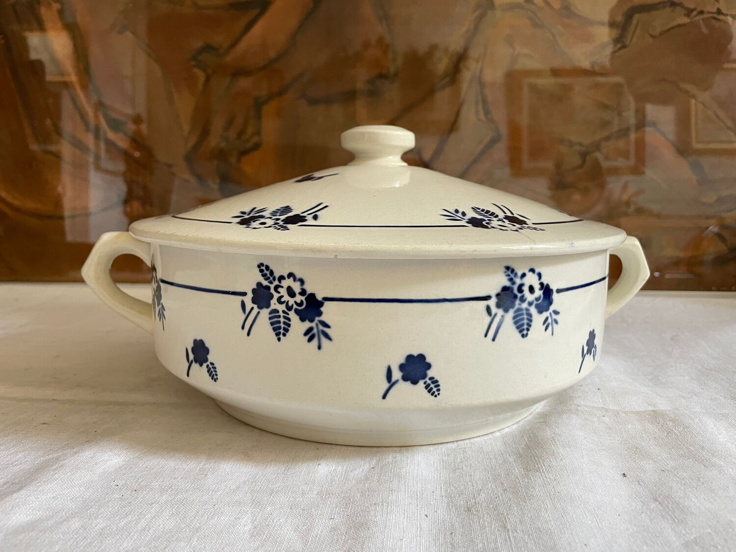 French Digoin Sarreguemines Soup Tureen Blue Flowers Made in France Earthenware